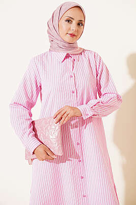 Basic Çizgili Uzun Tunik Pembe - Tunik
