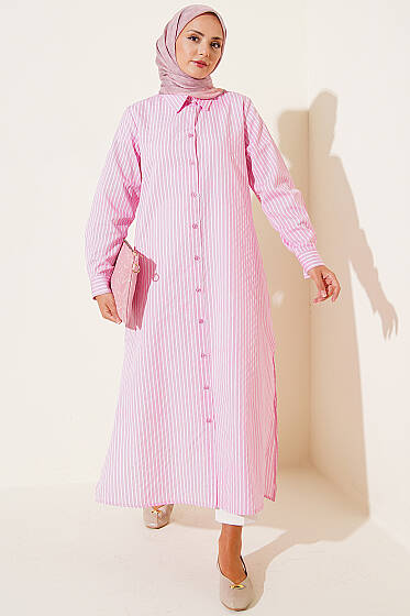 Basic Çizgili Uzun Tunik Pembe - Tunik