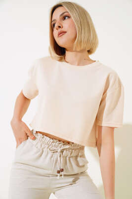 Basic Crop T-shirt Bej 