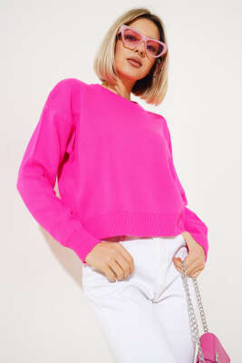 Basic Crop Triko Kazak Fuşya - Kadın Giyim Modelleri