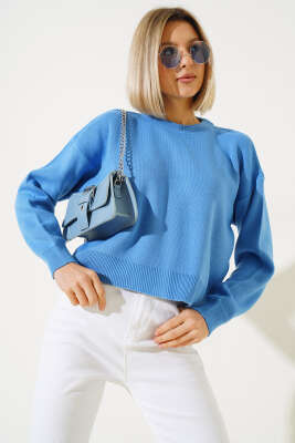 Basic Crop Triko Kazak Mavi - Kadın Giyim Modelleri