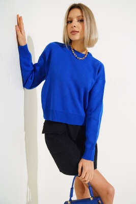 Basic Crop Triko Kazak Saks - Kadın Giyim Modelleri