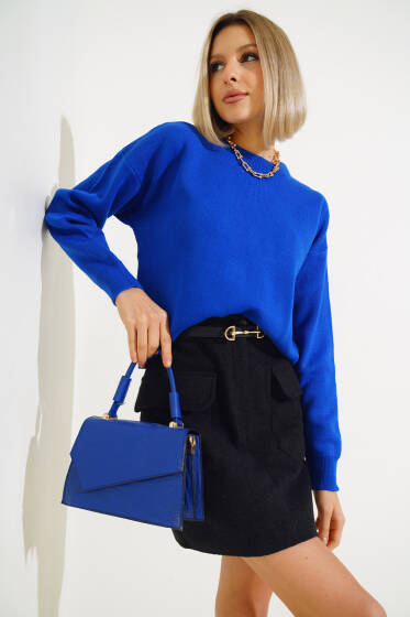 Basic Crop Triko Kazak Saks - Yeni Giyim