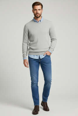 Basic Dar Paça Likralı Erkek Pantolon Mavi - Erkek Pantolon