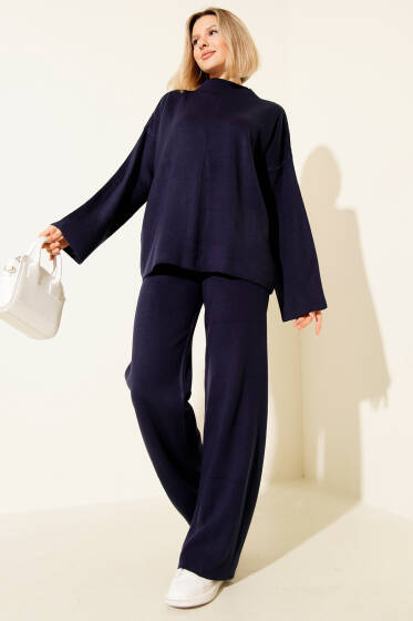 Basic Dik Yaka Triko İkili Takım Lacivert - Kadın Giyim Modelleri