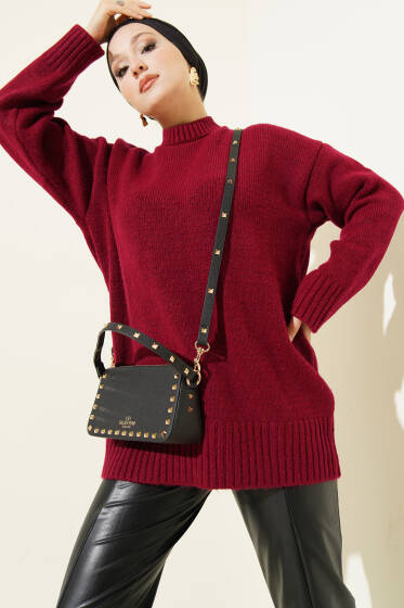 Basic Dikey Çizgi Detaylı Triko Kazak Bordo - Triko Kazak