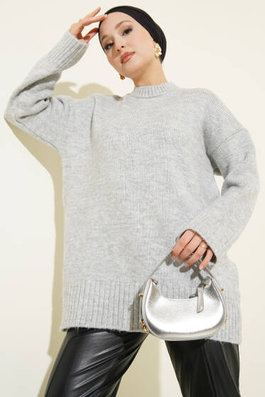 Basic Dikey Çizgi Detaylı Triko Kazak Gri - Triko Kazak