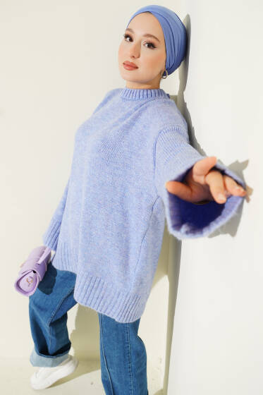 Basic Dikey Çizgi Detaylı Triko Kazak İndigo - Triko Kazak