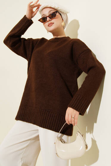 Basic Dikey Çizgi Detaylı Triko Kazak Kahve - Triko Kazak