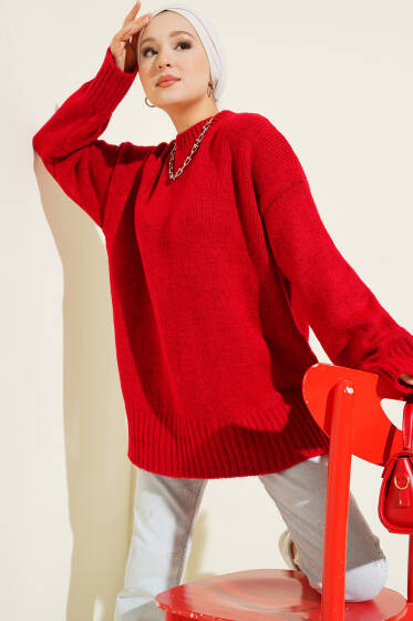 Basic Dikey Çizgi Detaylı Triko Kazak Kırmızı - Triko Kazak