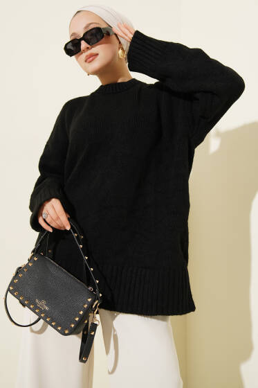 Basic Dikey Çizgi Detaylı Triko Kazak Siyah - Triko Kazak