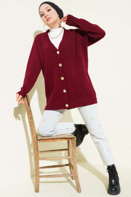 Basic Düğme Detaylı Triko Hırka Bordo - WENNA DESIGN