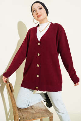 Basic Düğme Detaylı Triko Hırka Bordo - Hırka