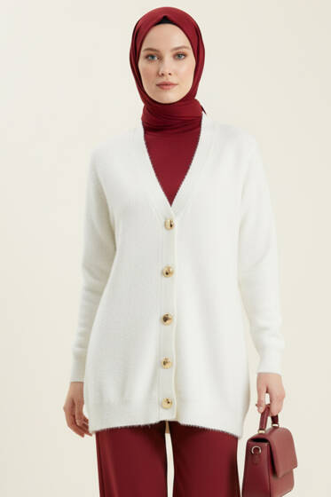 Basic Düğme Detaylı Triko Hırka Ekru - Hırka