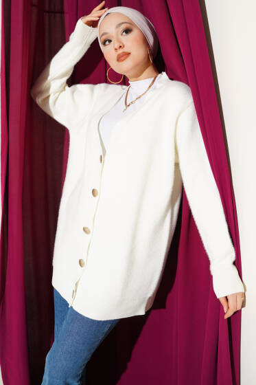 Basic Düğme Detaylı Triko Hırka Ekru - Hırka