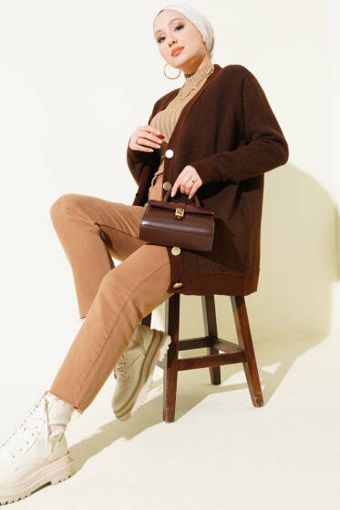 Basic Düğme Detaylı Triko Hırka Kahve - Hırka