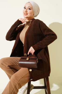 Basic Düğme Detaylı Triko Hırka Kahve - Hırka