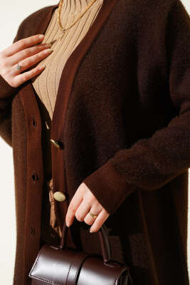 Basic Düğme Detaylı Triko Hırka Kahve - Hırka