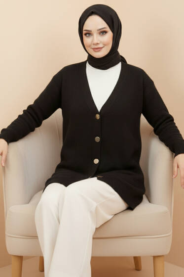 Basic Düğme Detaylı Triko Hırka Siyah - Hırka