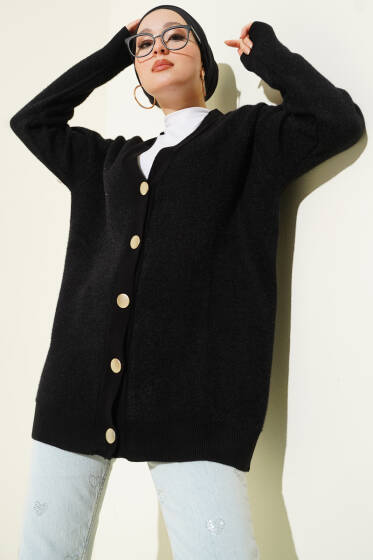 Basic Düğme Detaylı Triko Hırka Siyah - Hırka