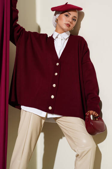 Basic Düğmeli Triko Hırka Bordo - Hırka