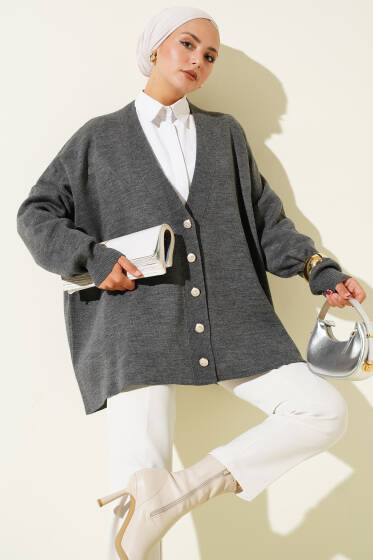 Basic Düğmeli Triko Hırka Füme - Hırka