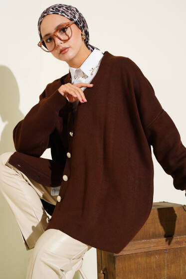 Basic Düğmeli Triko Hırka Kahve - Hırka