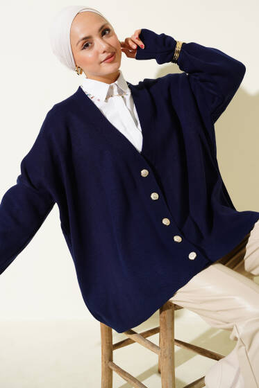 Basic Düğmeli Triko Hırka Lacivert - Hırka