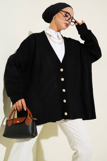 Basic Düğmeli Triko Hırka Siyah - Hırka