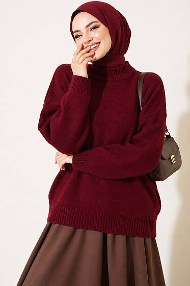 Basic Düşük Kollu Triko Tunik Bordo - Tunik