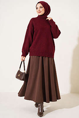 Basic Düşük Kollu Triko Tunik Bordo - Tunik