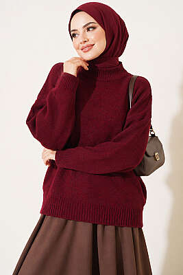 Basic Düşük Kollu Triko Tunik Bordo - Tunik