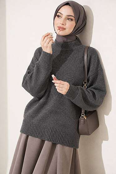 Basic Düşük Kollu Triko Tunik Füme - Tunik