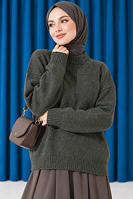 Basic Düşük Kollu Triko Tunik Haki - Tunik