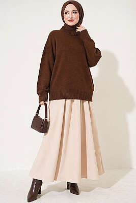 Basic Düşük Kollu Triko Tunik Kahve - Tunik