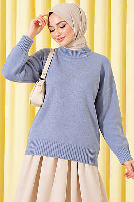 Basic Düşük Kollu Triko Tunik Mavi - Tunik