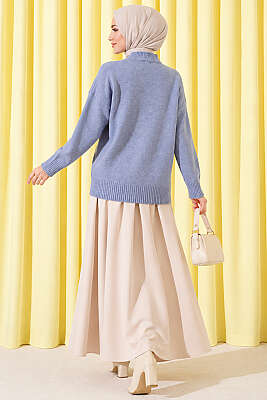 Basic Düşük Kollu Triko Tunik Mavi - Tunik