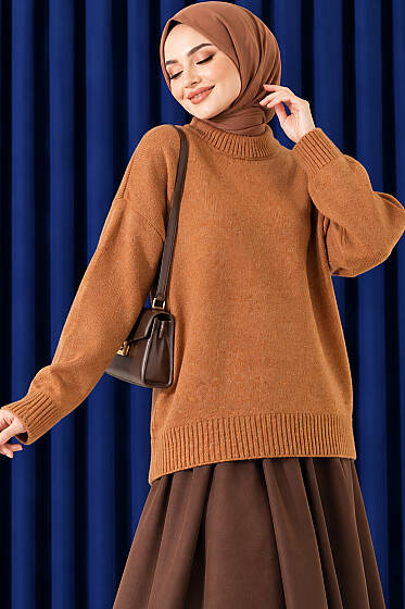 Basic Düşük Kollu Triko Tunik Taba - Tunik