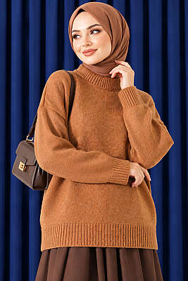 Basic Düşük Kollu Triko Tunik Taba - Tunik