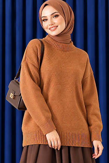 Basic Düşük Kollu Triko Tunik Taba - Tunik