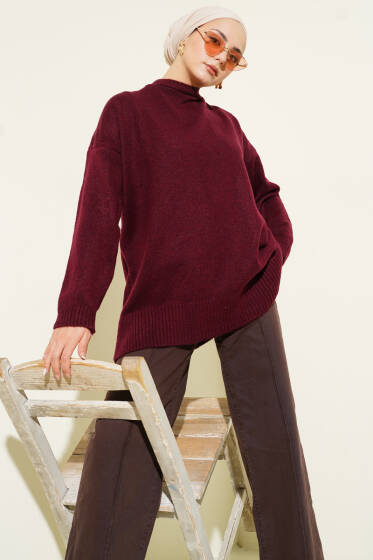 Basic Düşük Omuz Salaş Triko Tunik Bordo - Tunik