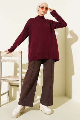 Basic Düşük Omuz Salaş Triko Tunik Bordo - Tunik