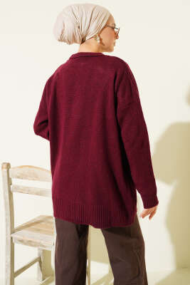 Basic Düşük Omuz Salaş Triko Tunik Bordo - Tunik
