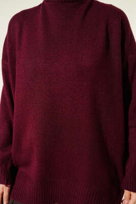 Basic Düşük Omuz Salaş Triko Tunik Bordo - Tunik