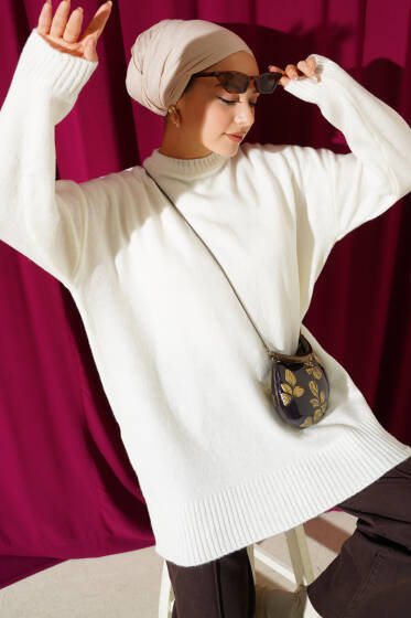 Basic Düşük Omuz Salaş Triko Tunik Ekru - Tunik
