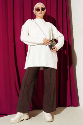 Basic Düşük Omuz Salaş Triko Tunik Ekru - Tunik