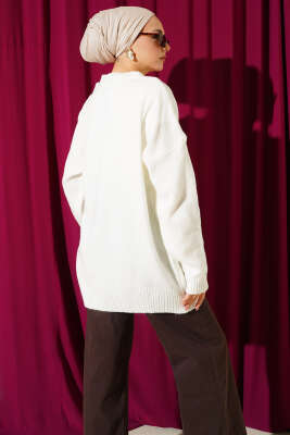 Basic Düşük Omuz Salaş Triko Tunik Ekru - Tunik