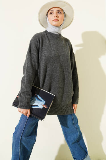 Basic Düşük Omuz Salaş Triko Tunik Füme - Tunik