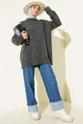 Basic Düşük Omuz Salaş Triko Tunik Füme - Tunik