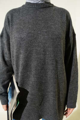 Basic Düşük Omuz Salaş Triko Tunik Füme - Tunik